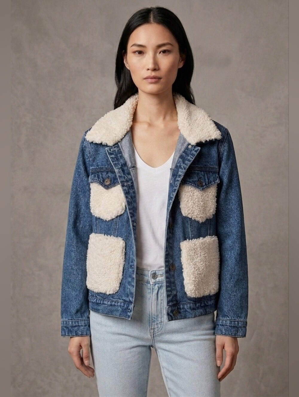 Machine Jeans Sherpa Patchwork Denim Jacket Blue Cream Size L